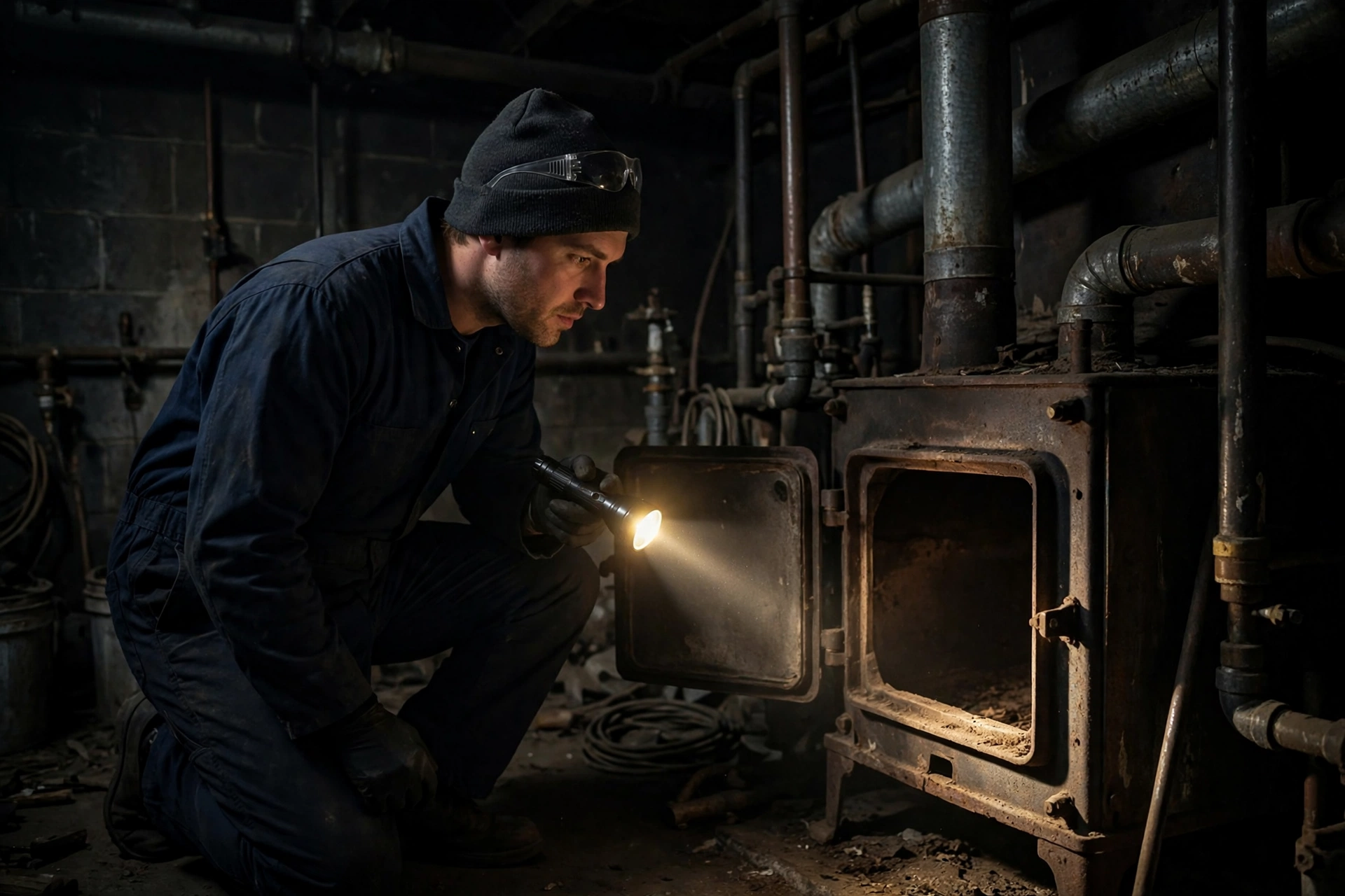 Worker with a flashlight inspecting a silent furnace in a dark basement
