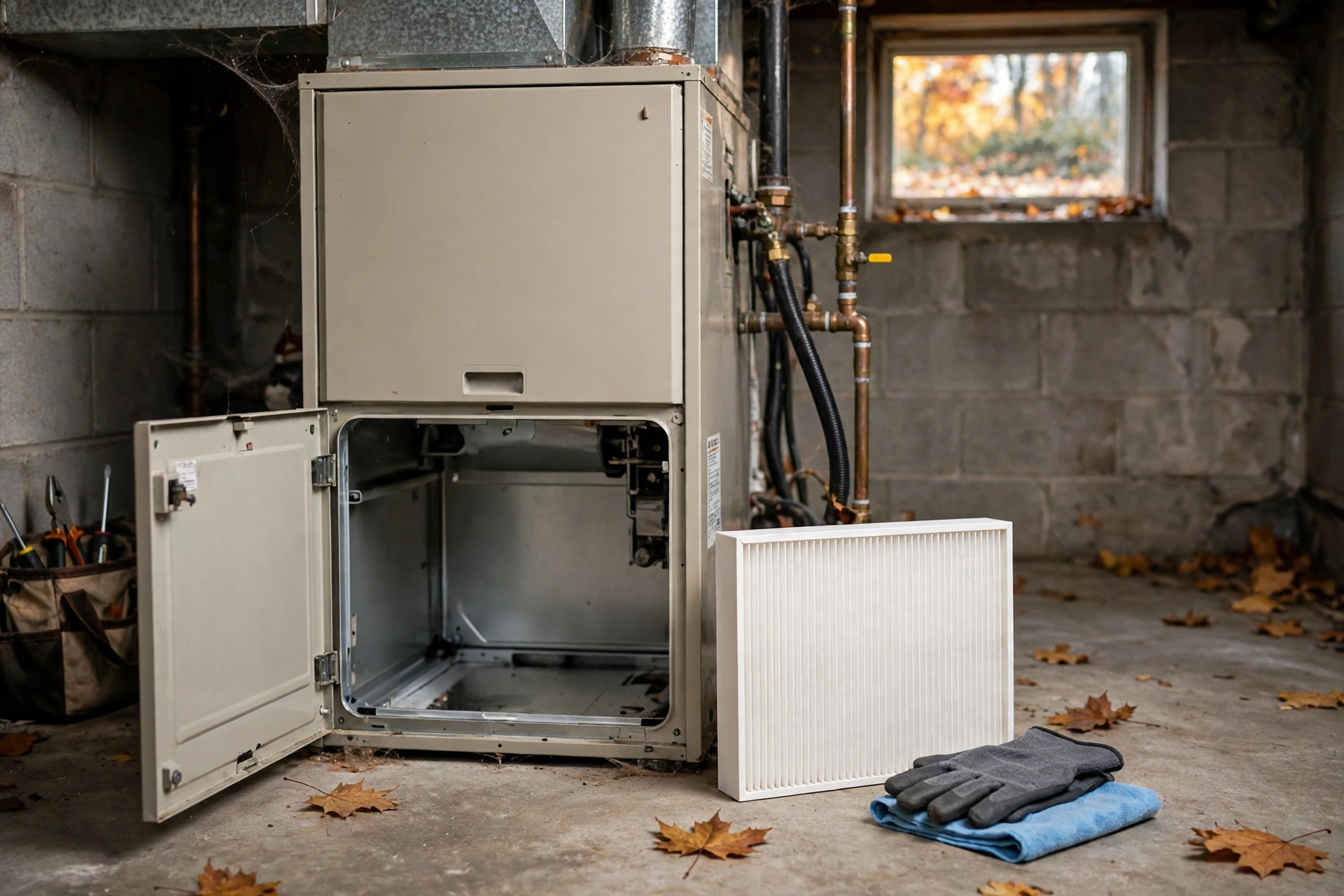 Fall furnace maintenance, clean filter beside a furnace