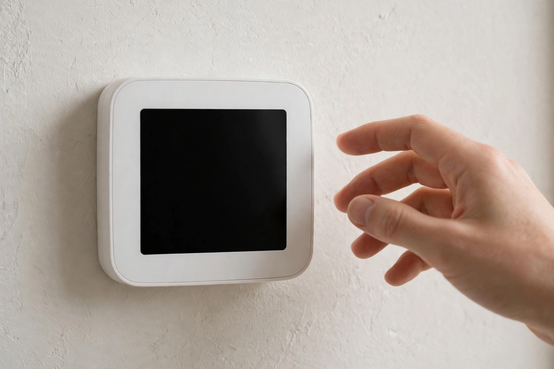 Thermostat on a wall with a hand nearby