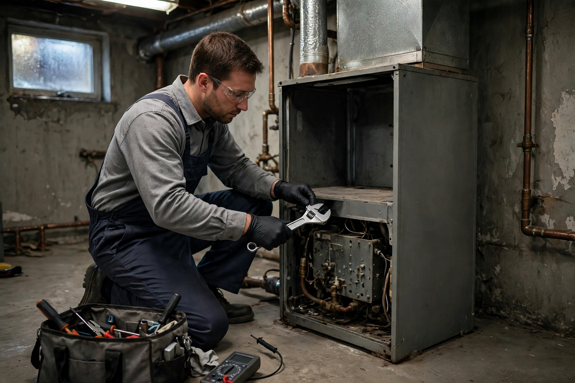 Technician repairing a furnace that is not producing heat