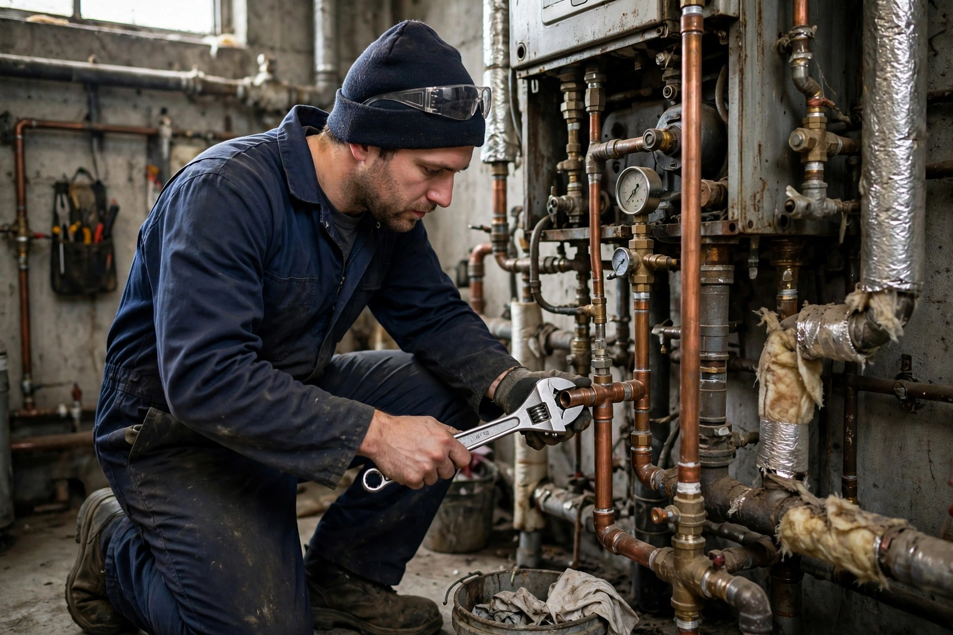 Technician with wrench on boiler pipes