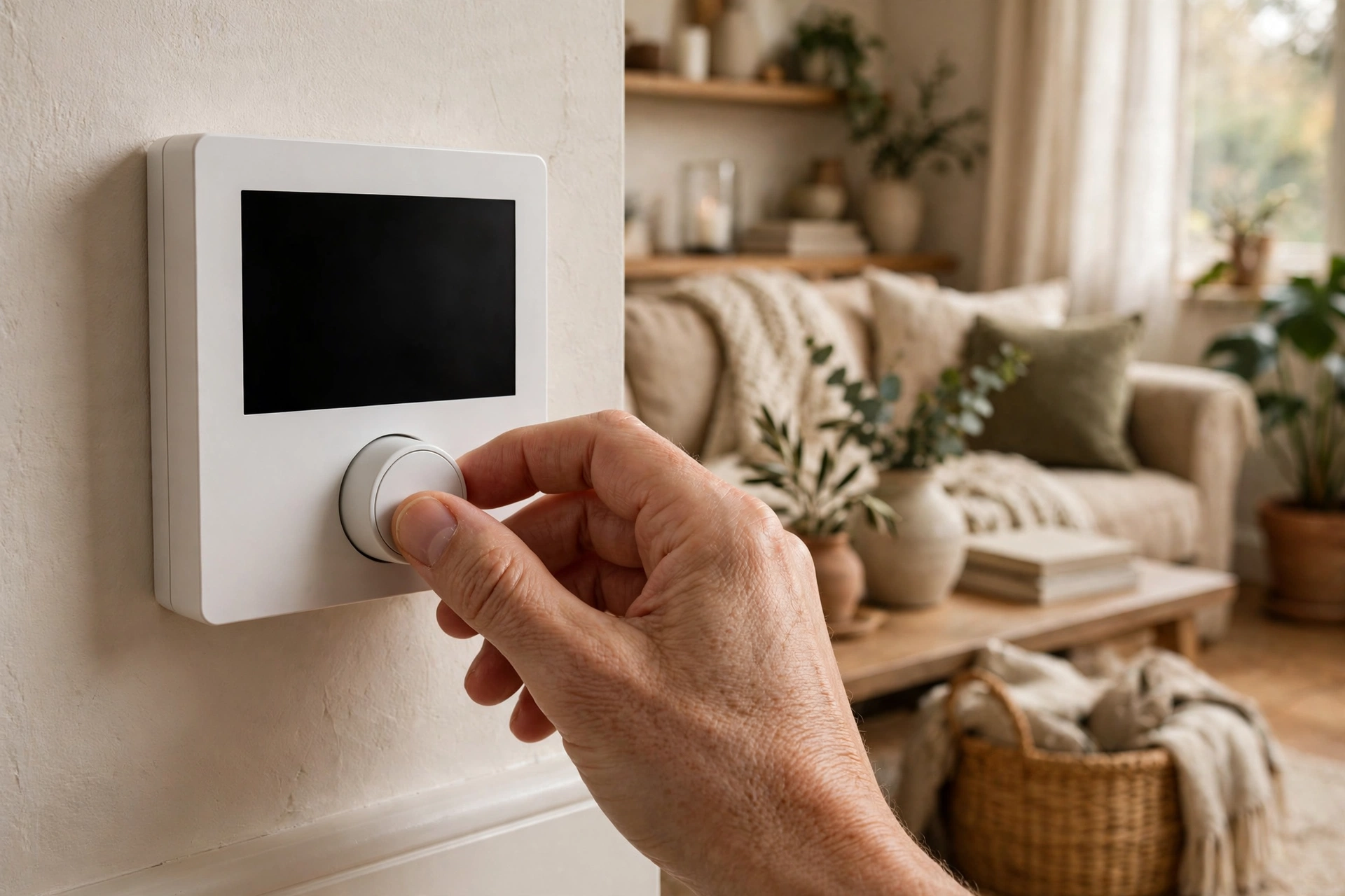 Hand adjusting a wall thermostat in a living room