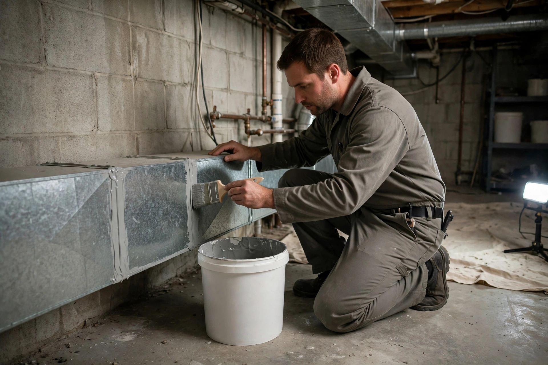 Technician sealing ductwork in a basement