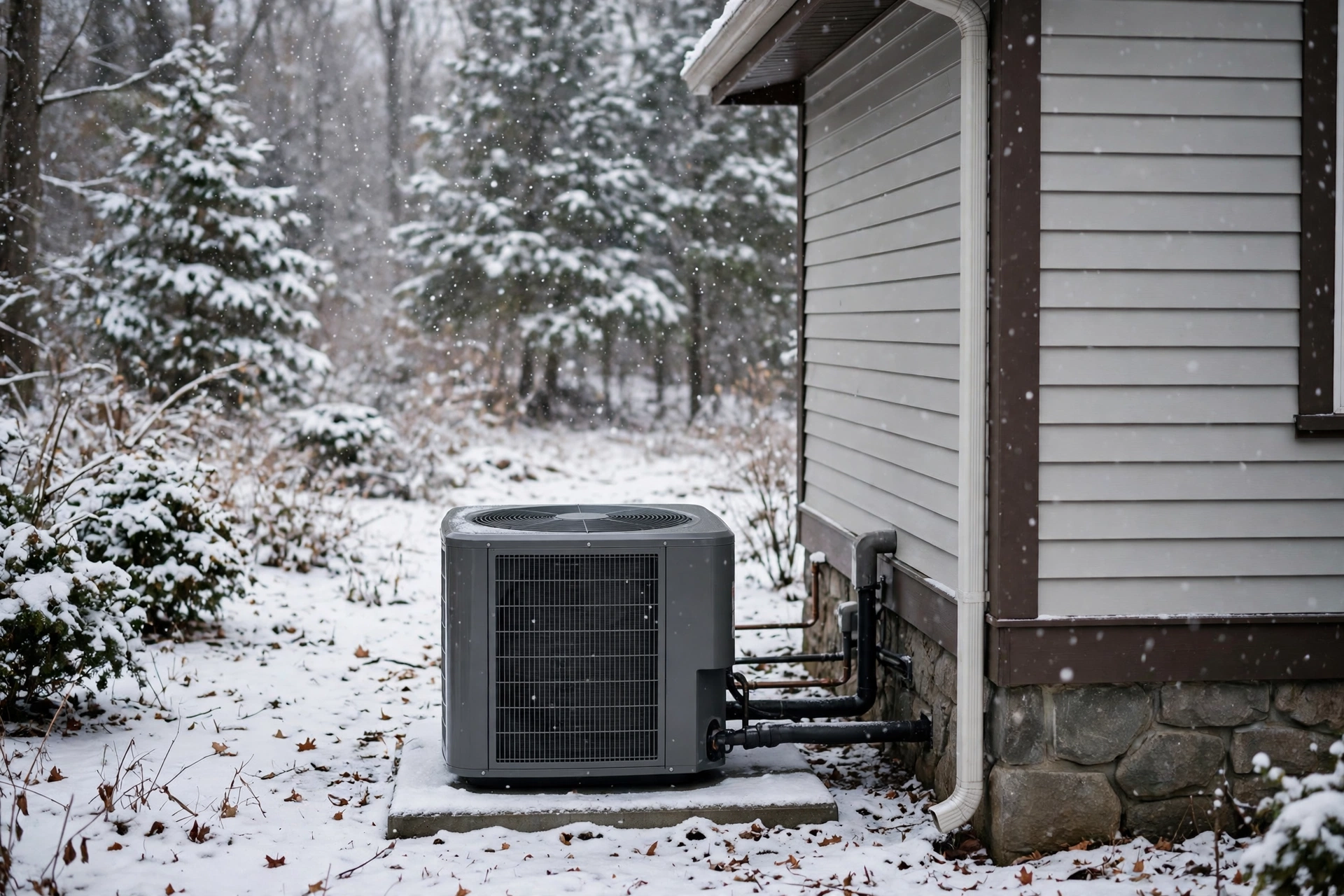 Outdoor heat pump unit beside a home in light snow