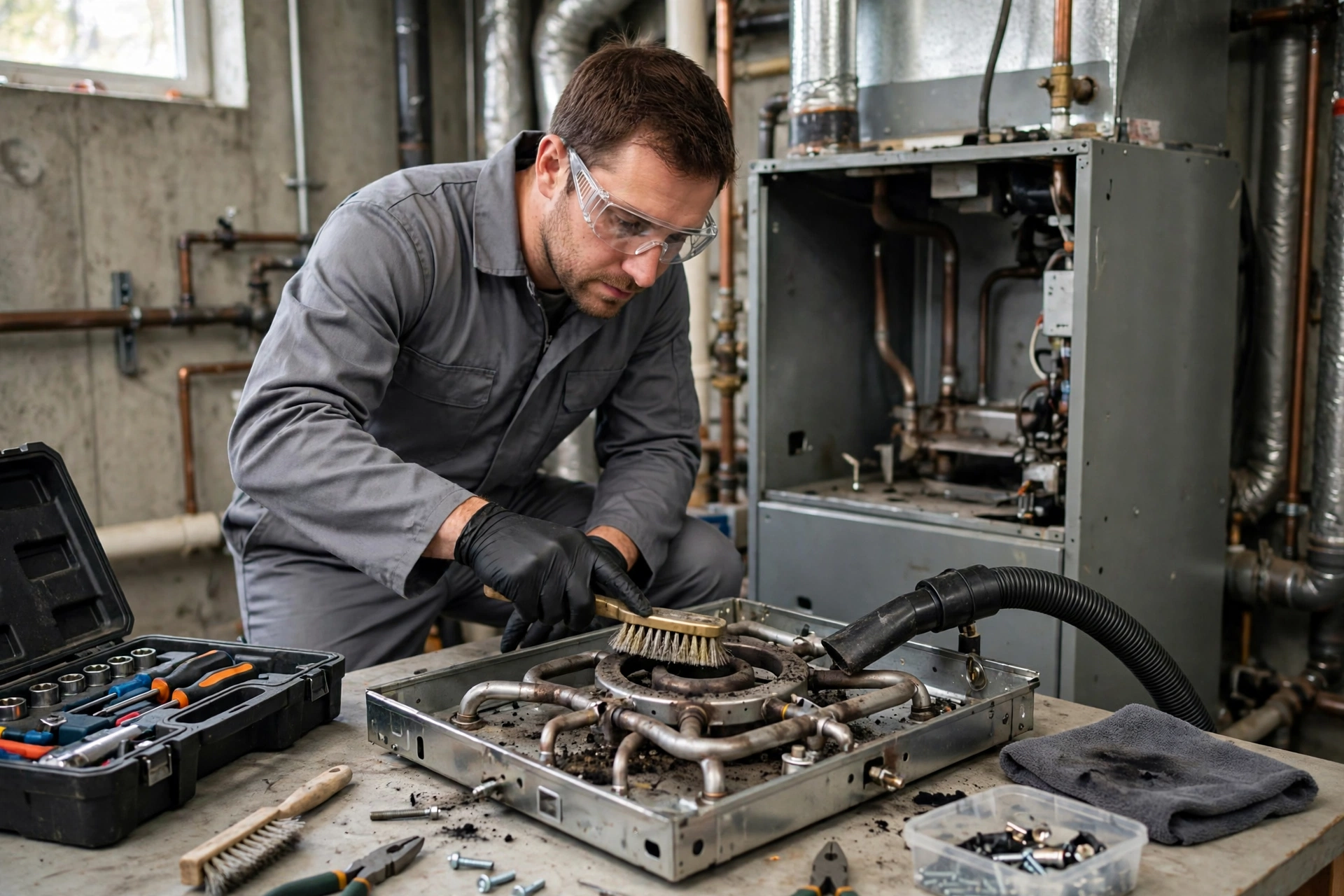 Technician cleaning a furnace burner assembly with tools