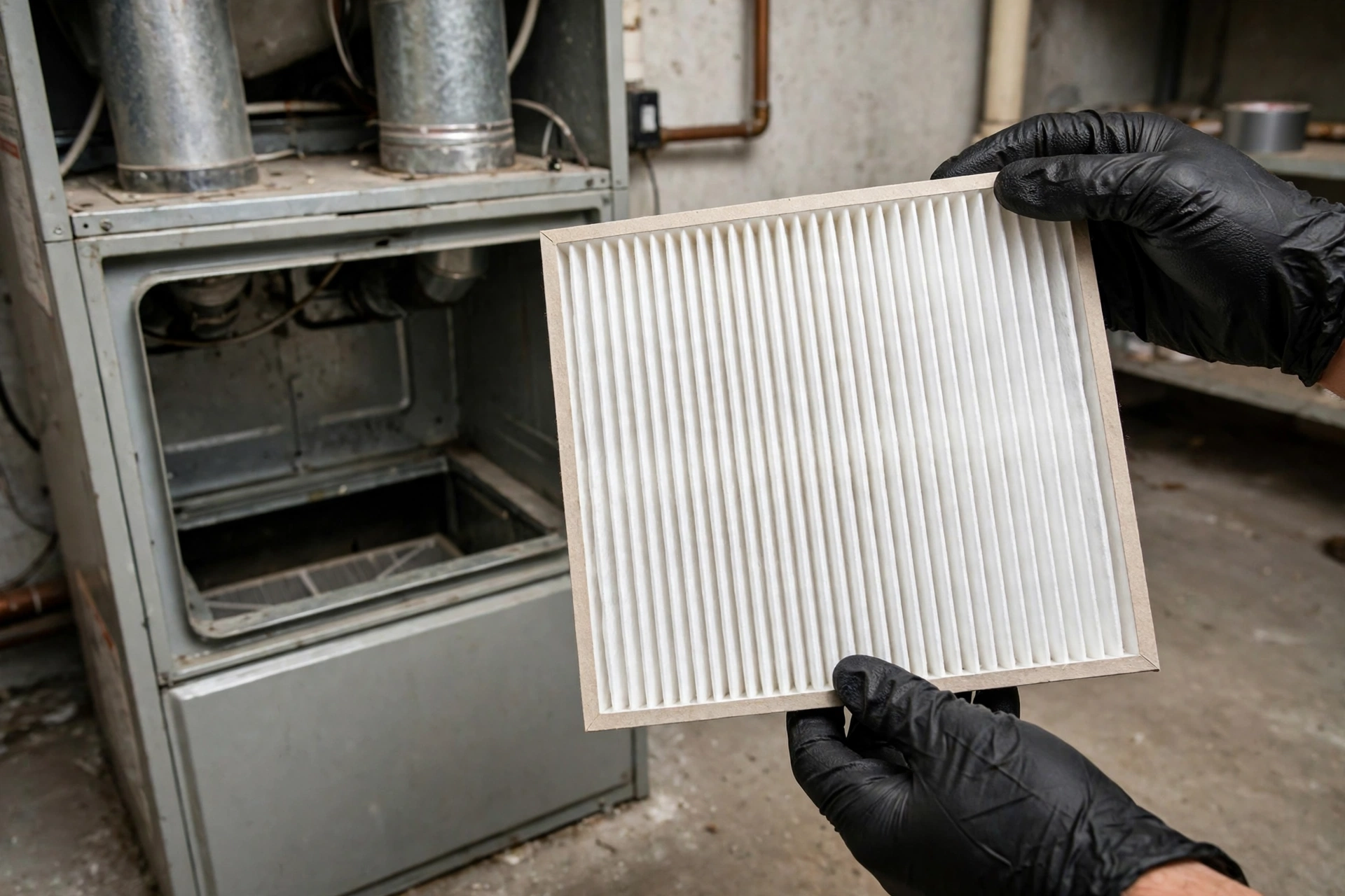 Gloved hands holding a furnace filter beside a furnace