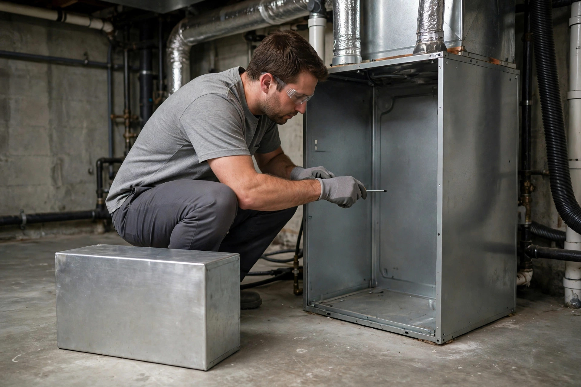 Technician with a toolbox working at an open furnace