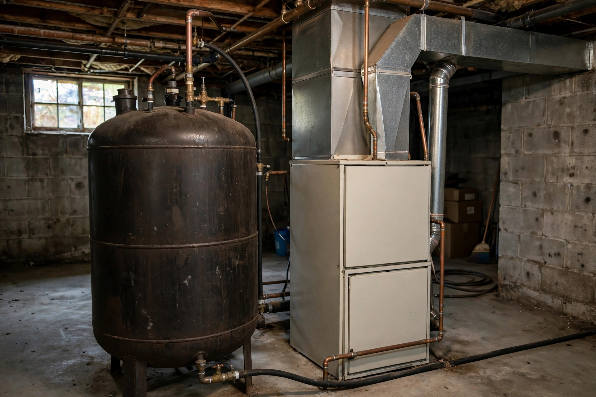 Heating oil tank beside a furnace in a basement
