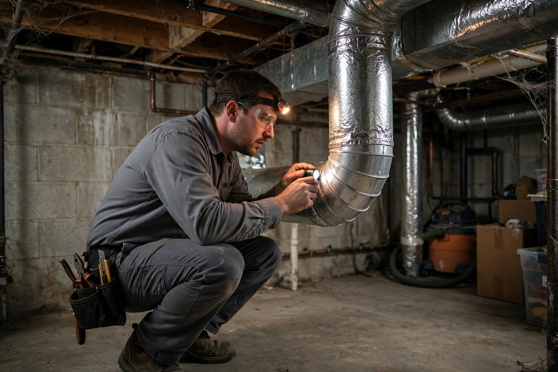 Technician inspecting ductwork joints in a basement