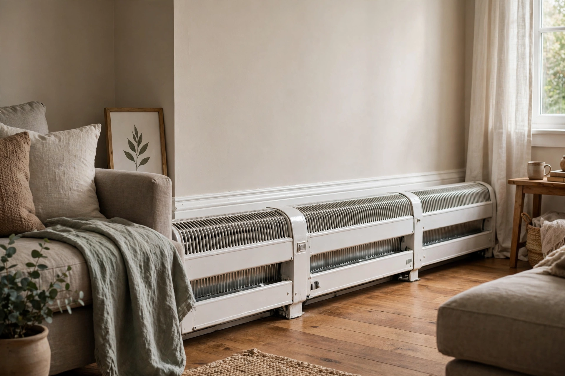Hot water baseboard heaters along a living room wall