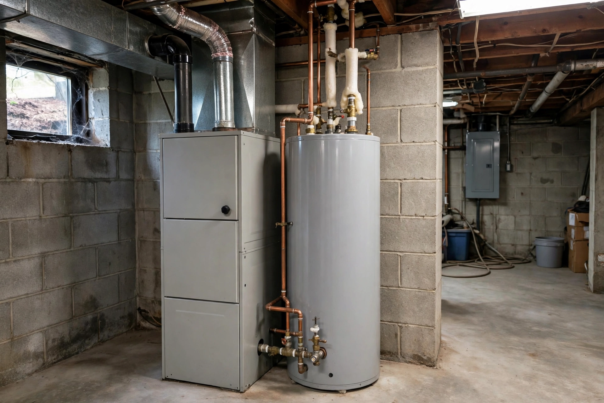 Basement with a furnace and a water heater side by side