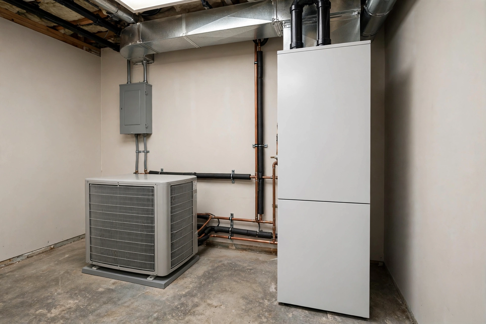 Heat pump outdoor unit and furnace setup in a utility space