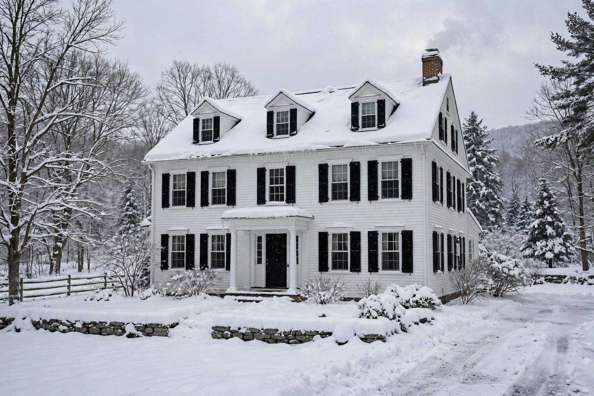 Snow-covered colonial style home in New England in winter