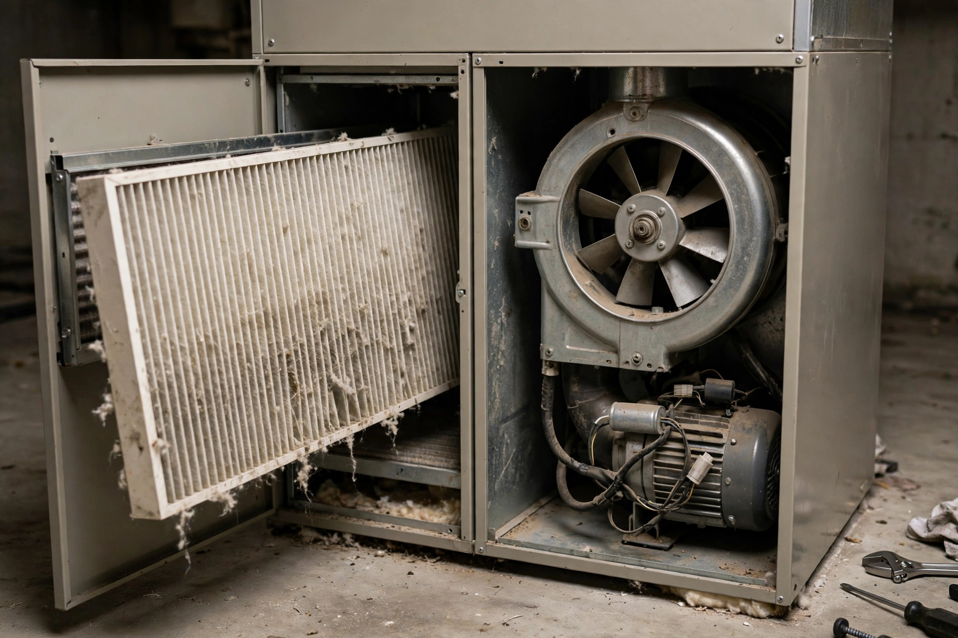 Furnace air filter and blower compartment open for service