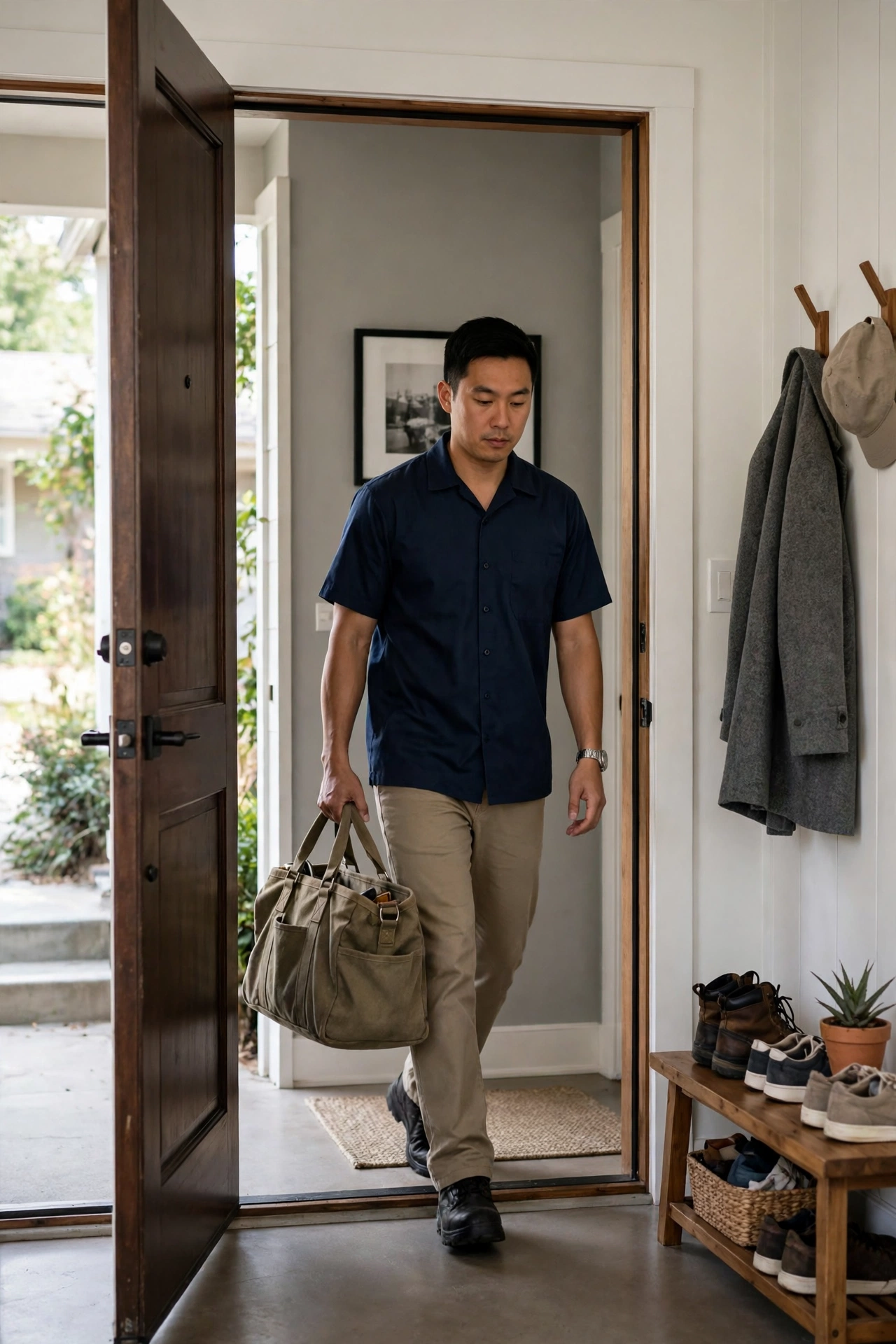 Technician carrying a tool bag into a home entryway