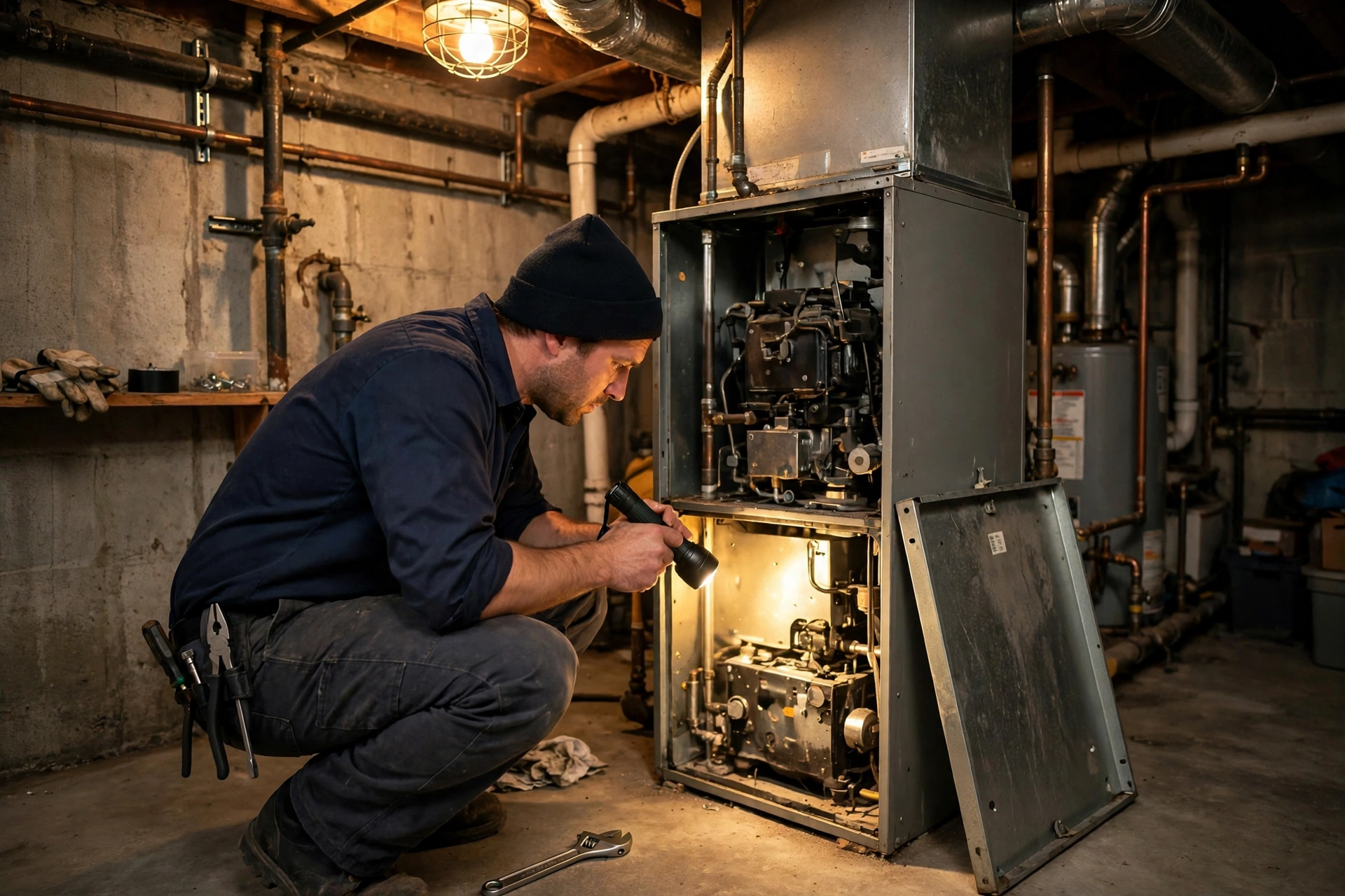 Furnace technician inspecting a home heating system in New Hampshire