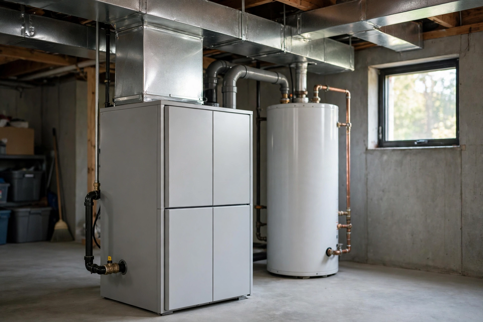Gas furnace unit in a residential basement in New Hampshire
