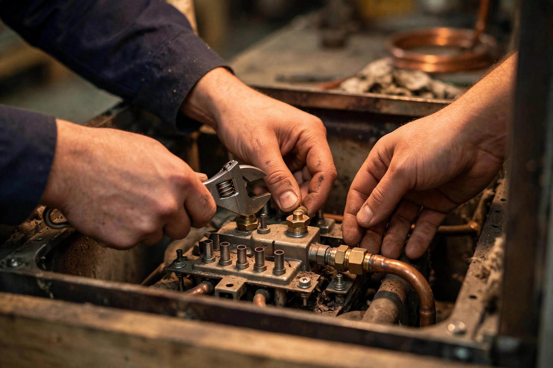 Technician servicing a furnace burner assembly in New Hampshire