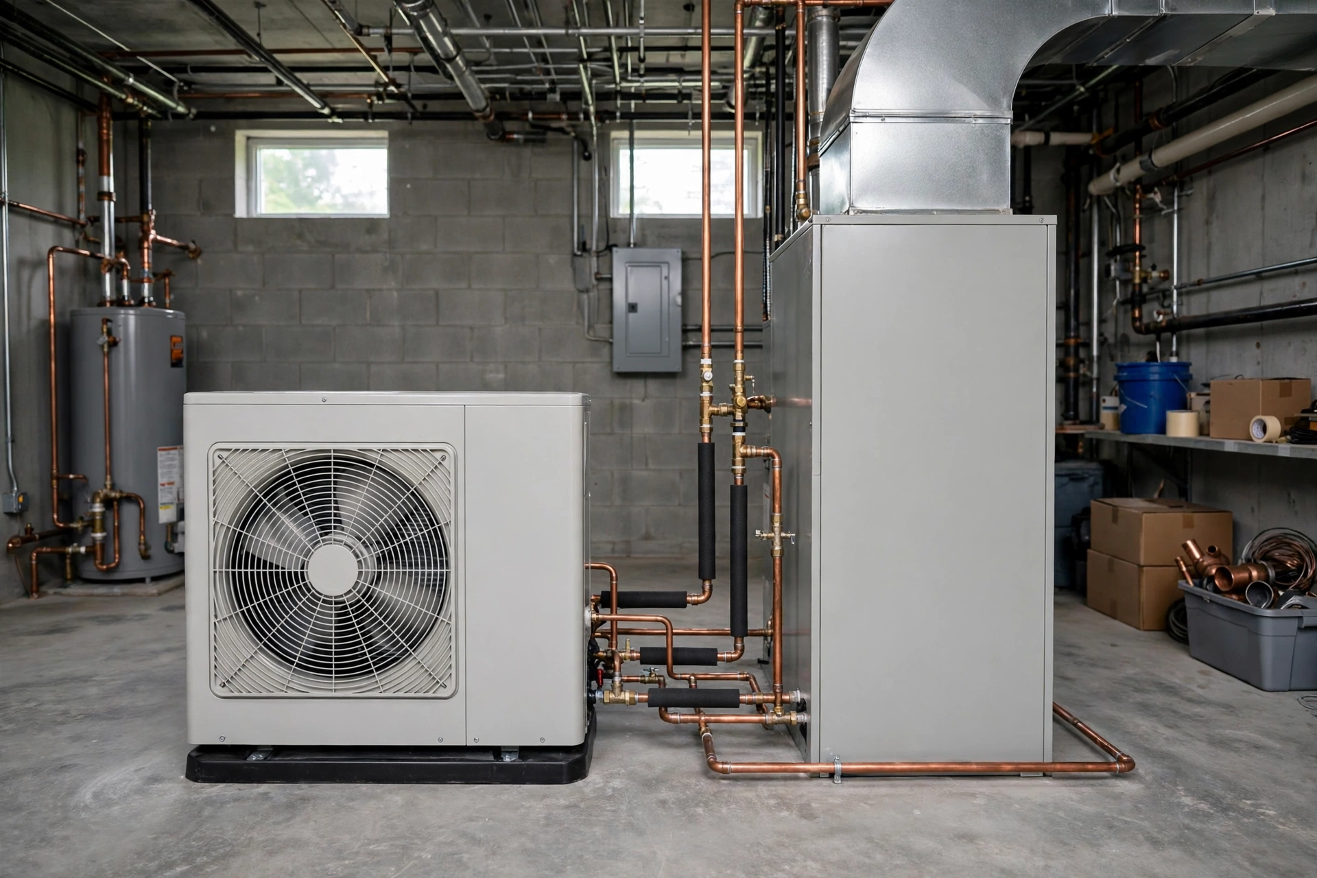 Gas furnace unit in a residential basement in Manchester, New Hampshire