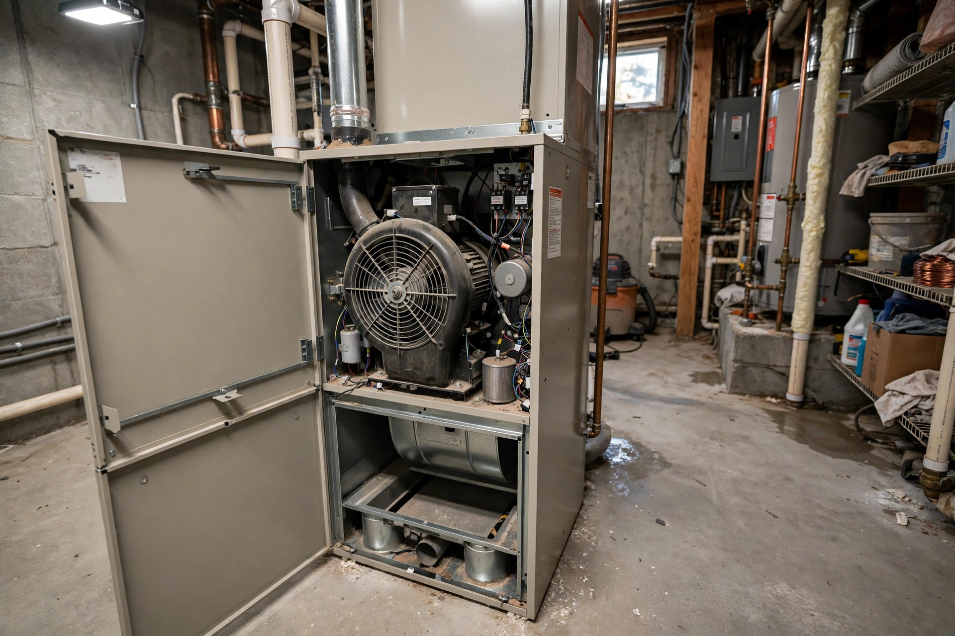 Furnace technician inspecting a home heating system in Portsmouth, New Hampshire