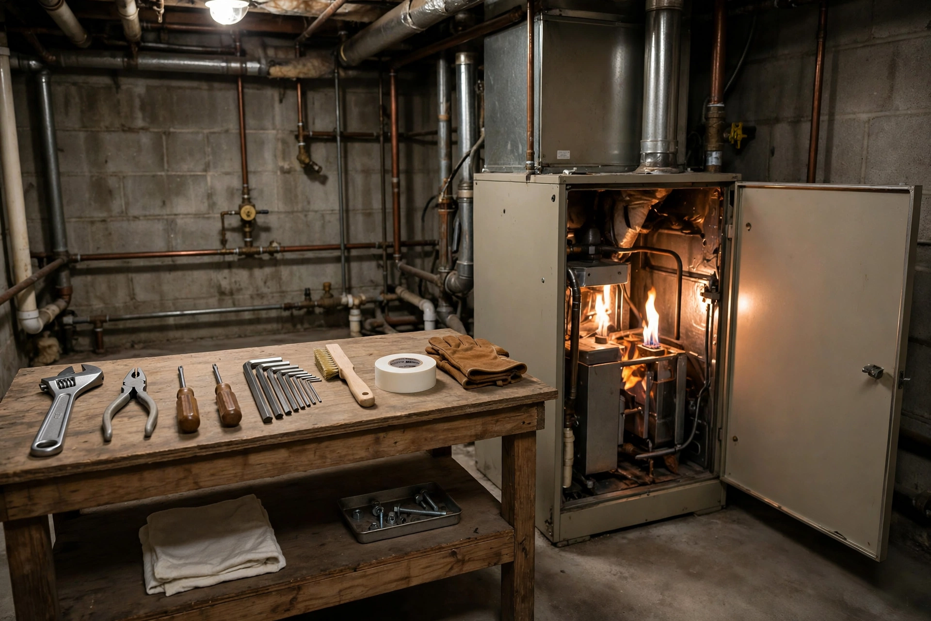 Furnace technician inspecting a home heating system in Durham, New Hampshire
