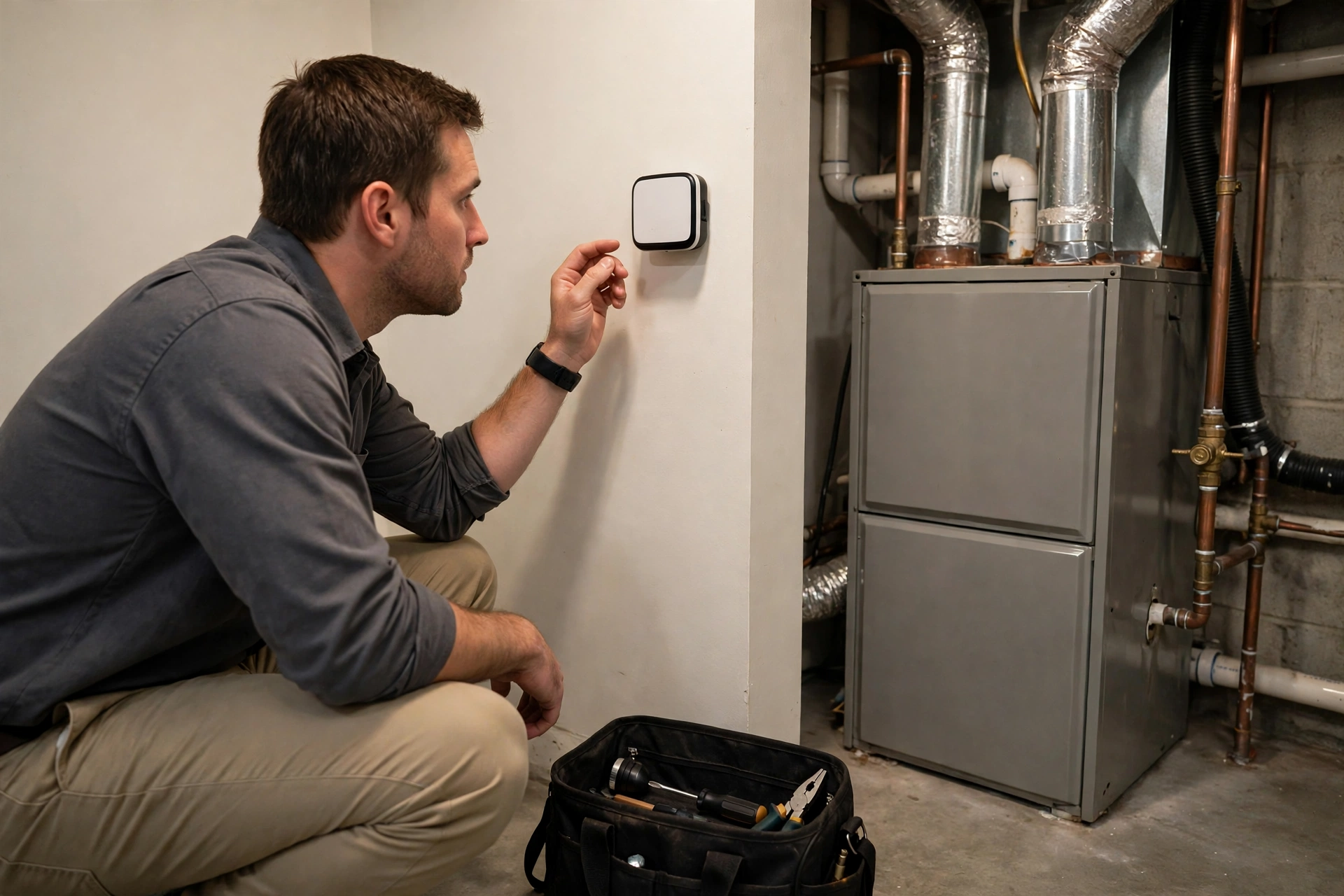 Gas furnace unit in a residential basement in Durham, New Hampshire