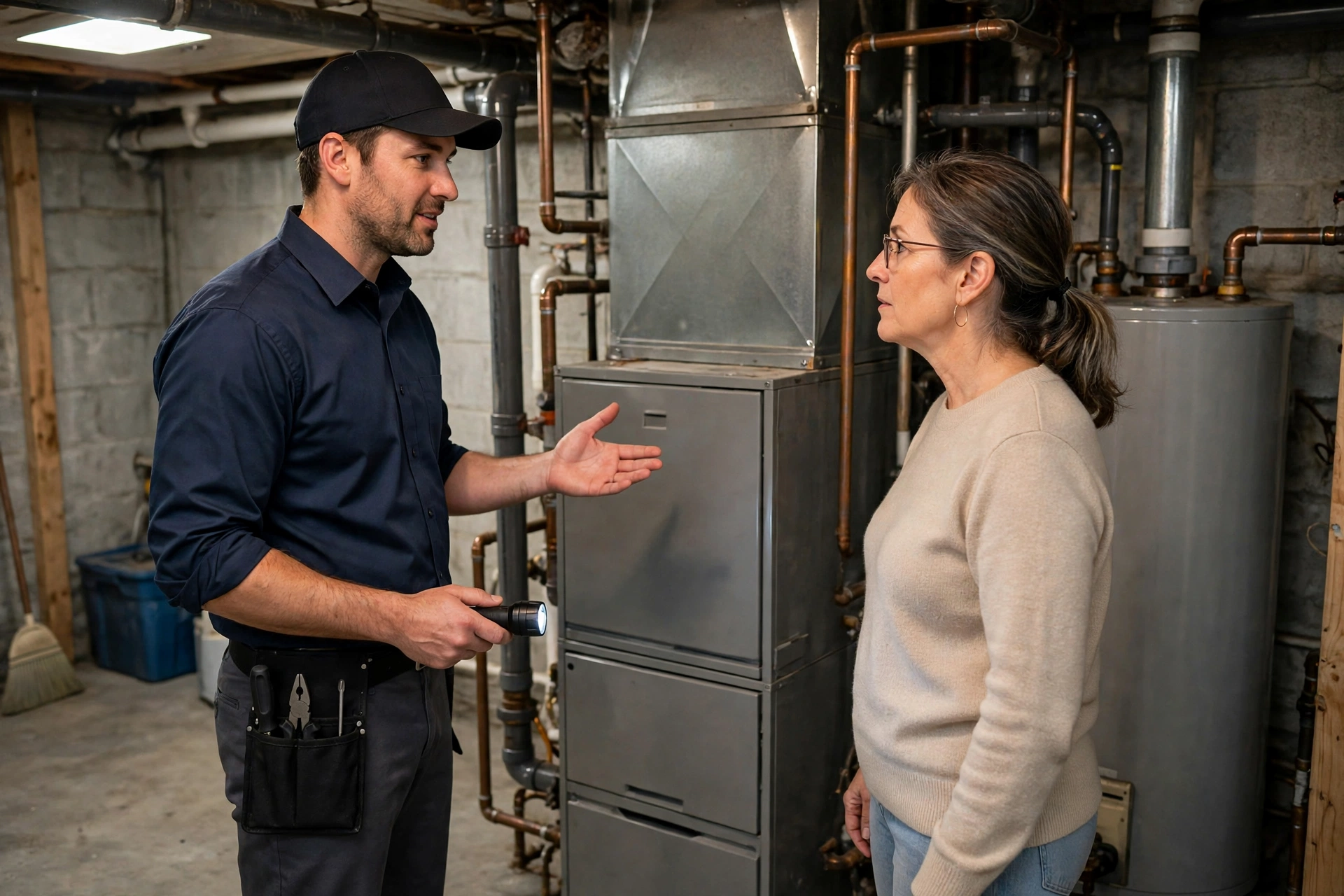Gas furnace unit in a residential basement in Windham, New Hampshire