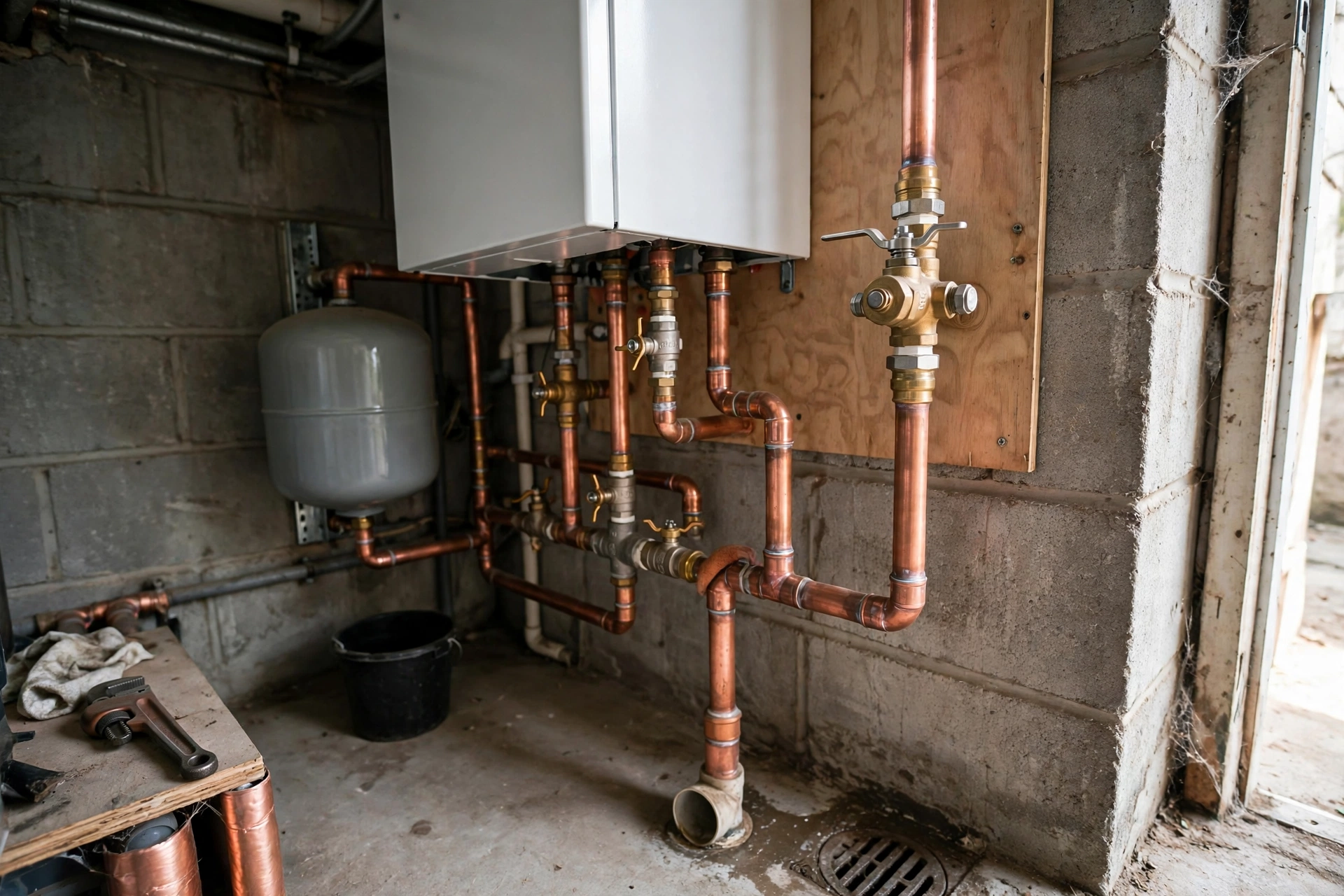Gas furnace unit in a residential basement in Milford, New Hampshire