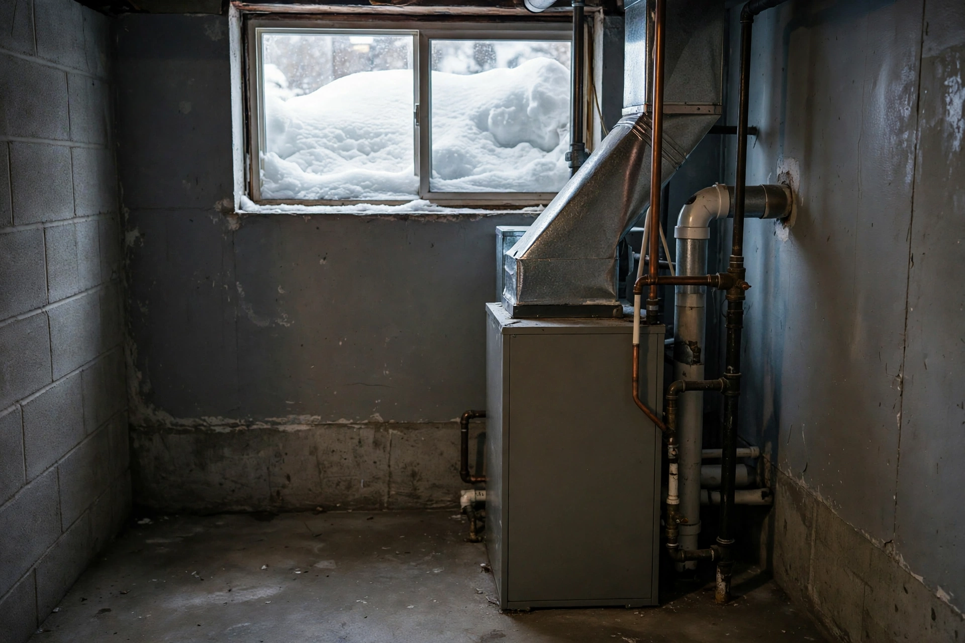 Gas furnace unit in a residential basement in Goffstown, New Hampshire