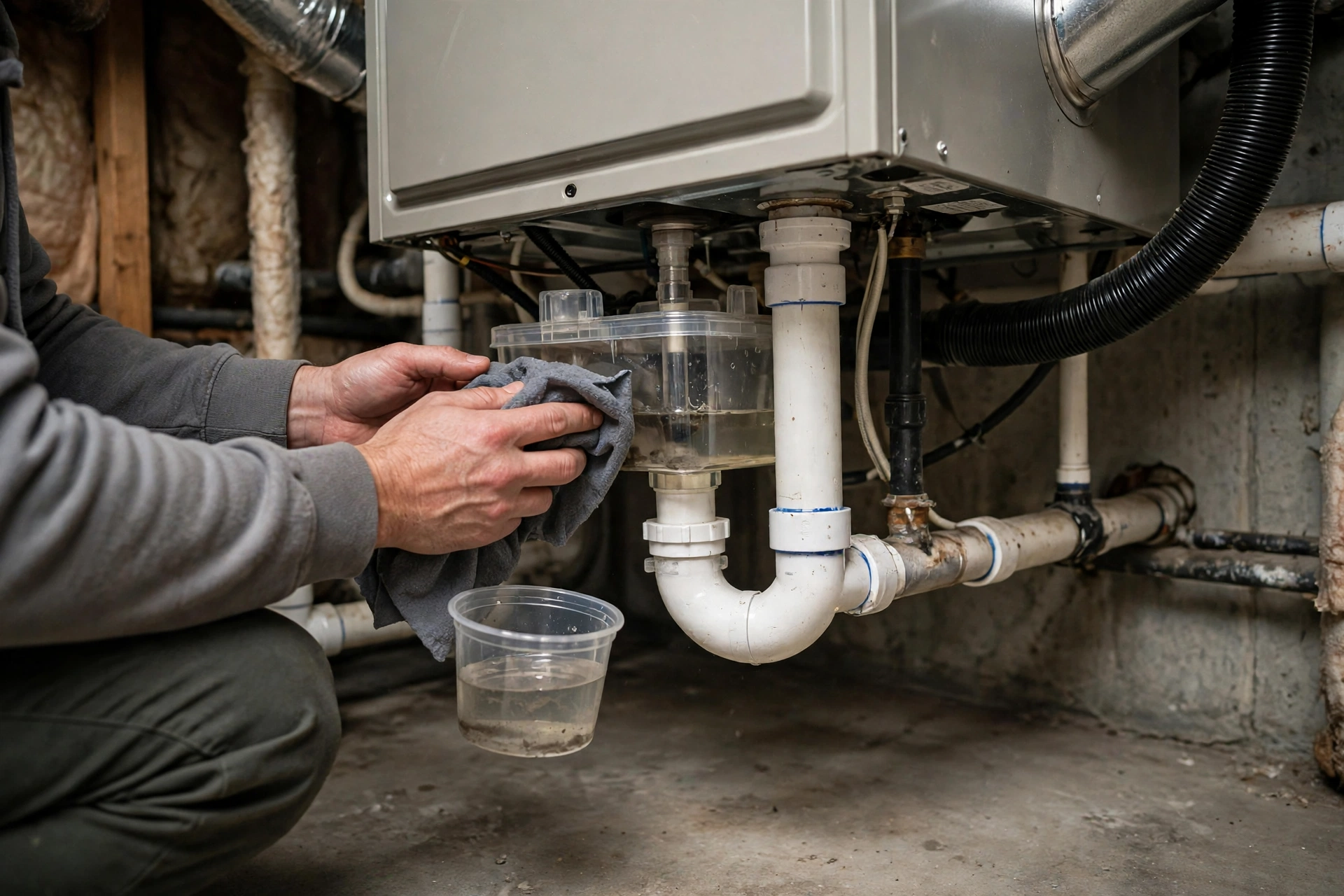 Boiler and heating pipes in a basement in New Hampshire